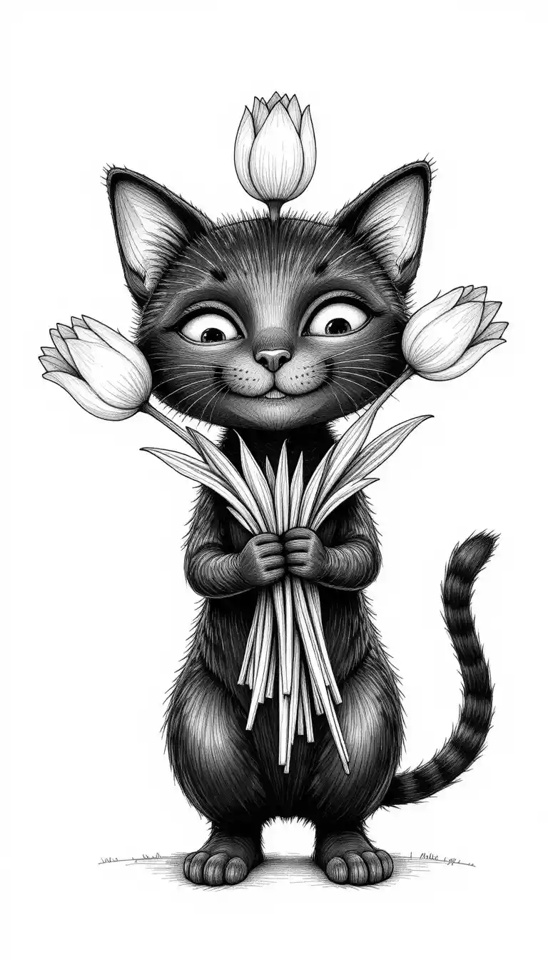 Gato preto sorridente em desenho animado segurando um buquê de tulipas