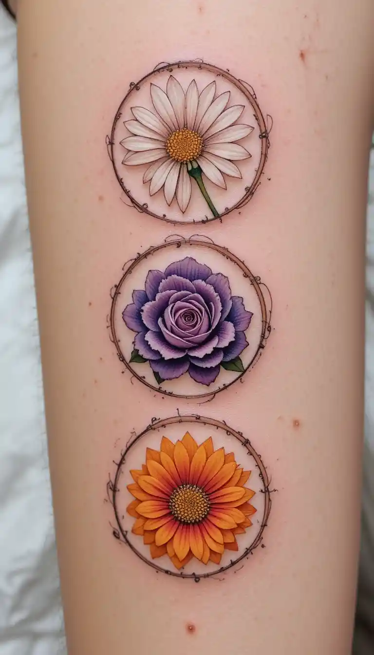 Tatuaggio minimalista a linee con tre motivi floreali circolari