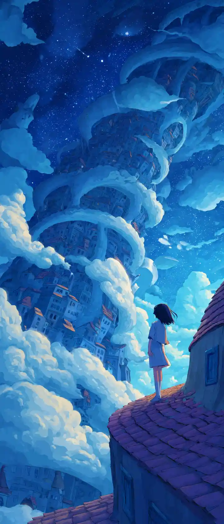 幻想的な雲の上で光る星を掲げるアニメ少女