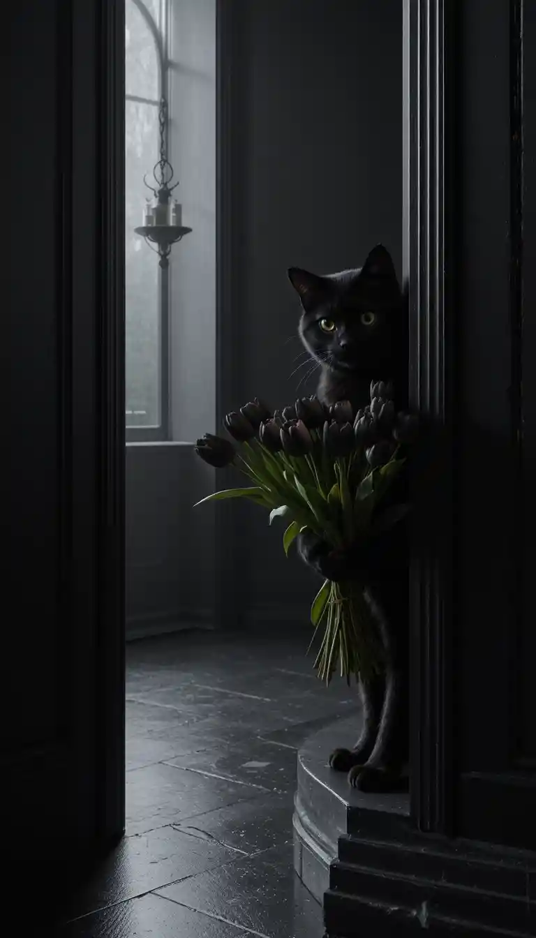 Black cat with tulips emerging from a dark corner