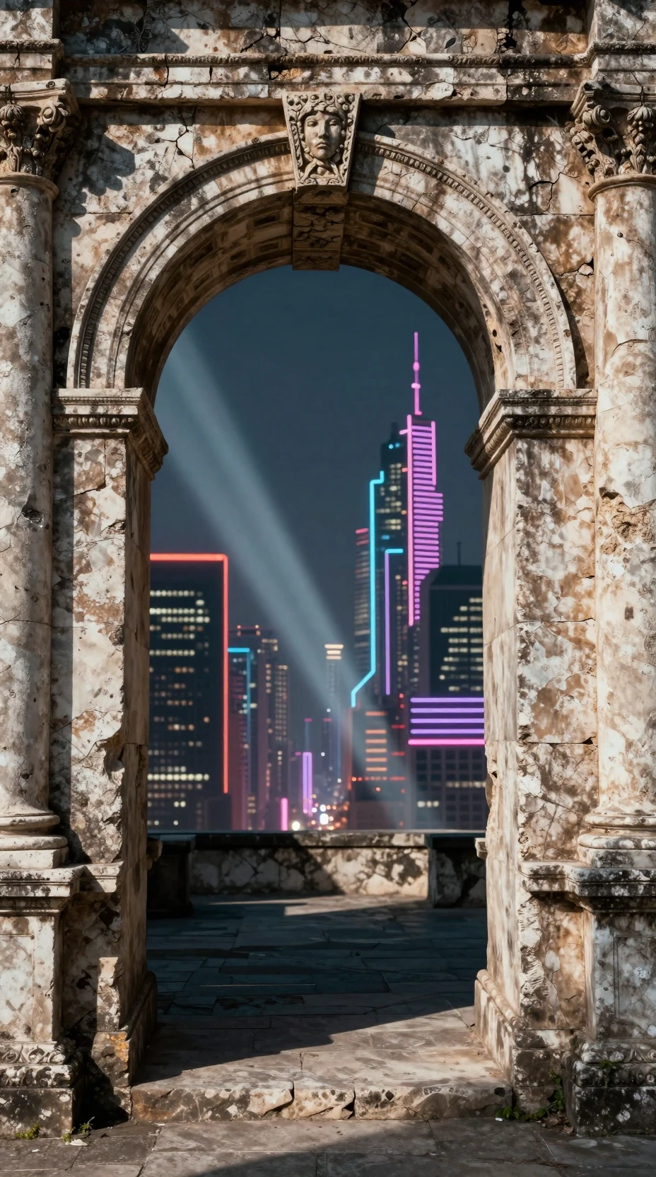 Ancient Stone Archway Opening Into Neon Futuristic City