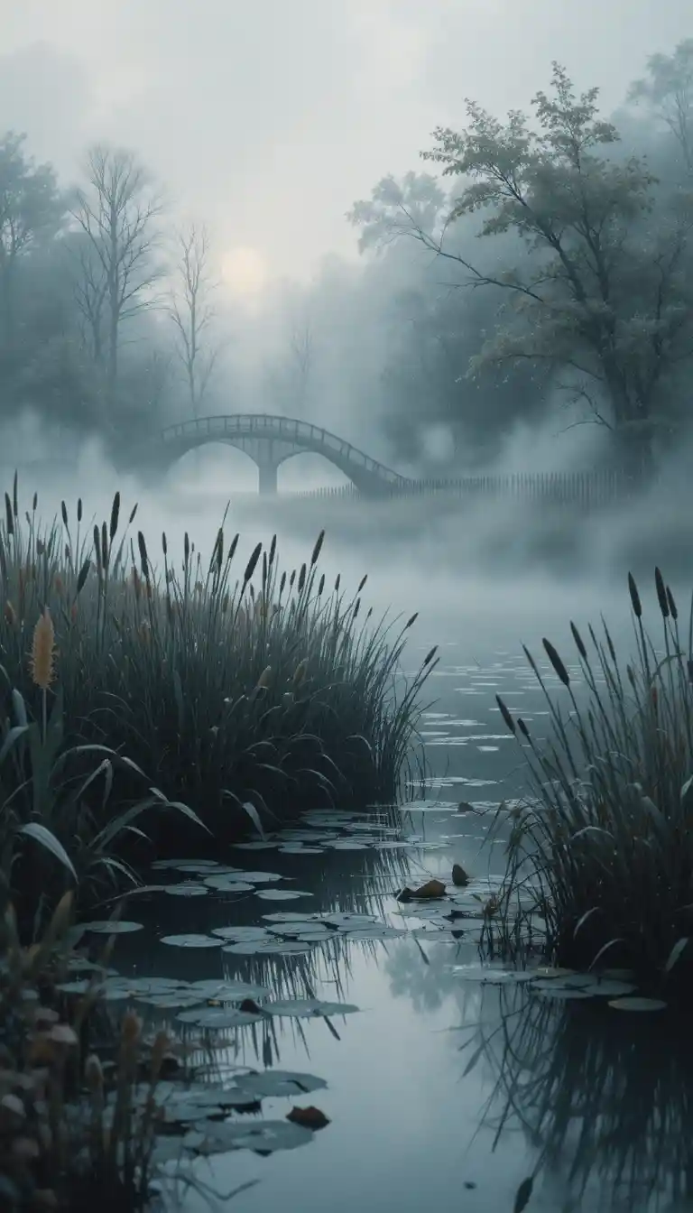 Dreamy watercolor reeds by a misty twilight lake
