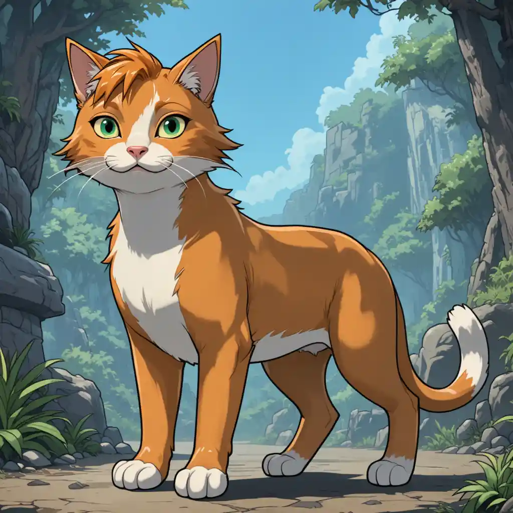 Animierte orange-weiße Katze in einer wilden Dschungelkulisse