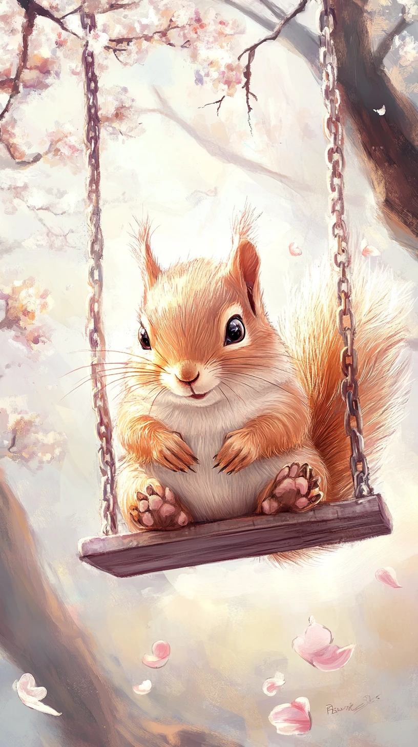Esquilo fofo em um balanço em uma floresta dos sonhos – ilustração
