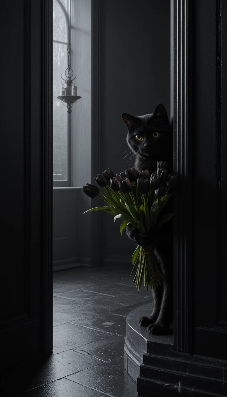 Gato negro con tulipanes que emerge de un rincón oscuro