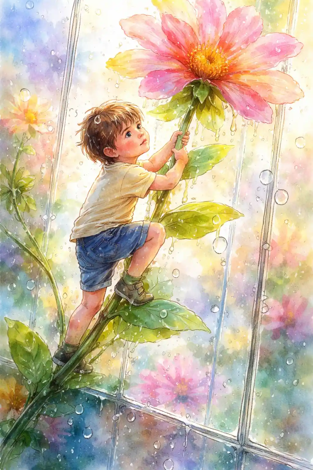 Enfant en aquarelle grimpant sur une fleur géante en pleine floraison