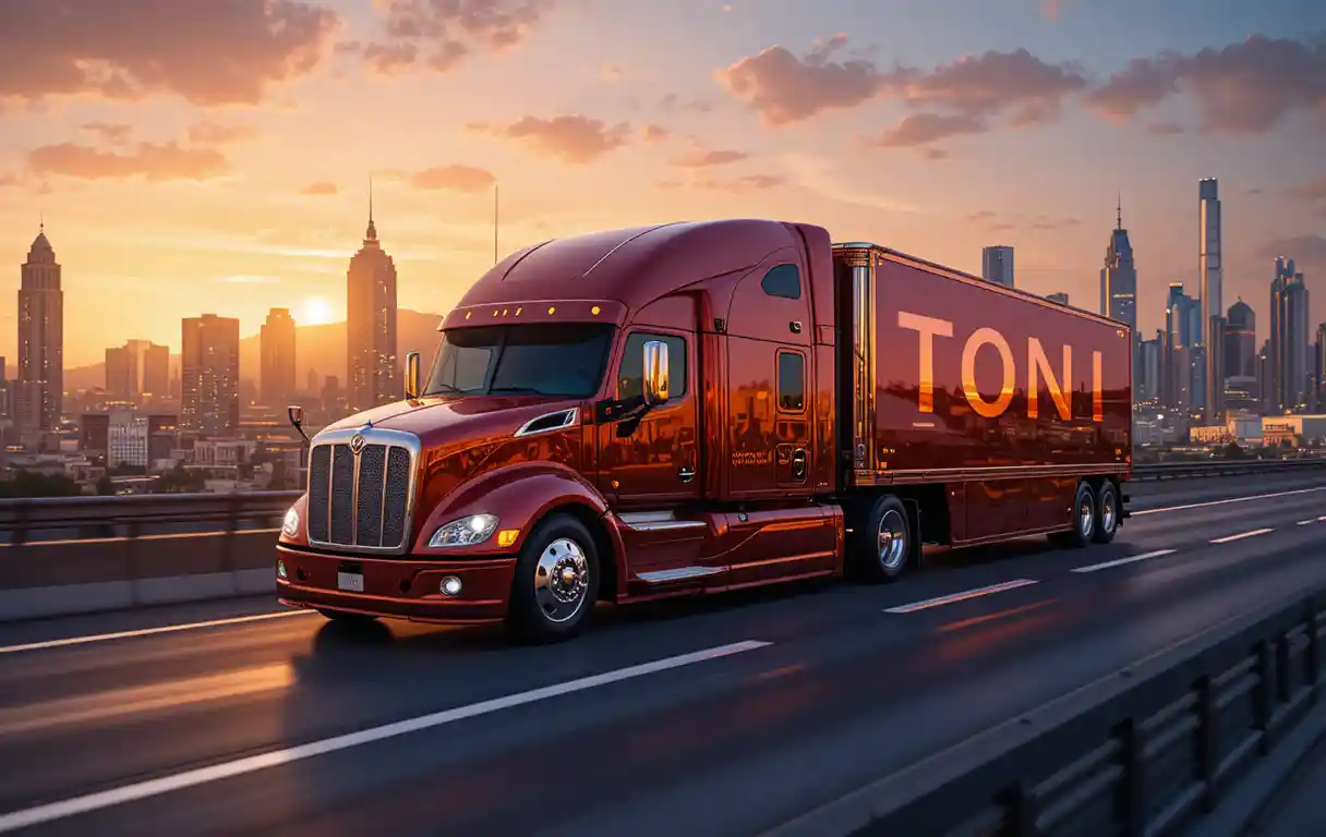Camion di lusso rosso e oro su autostrada cittadina illuminata al neon