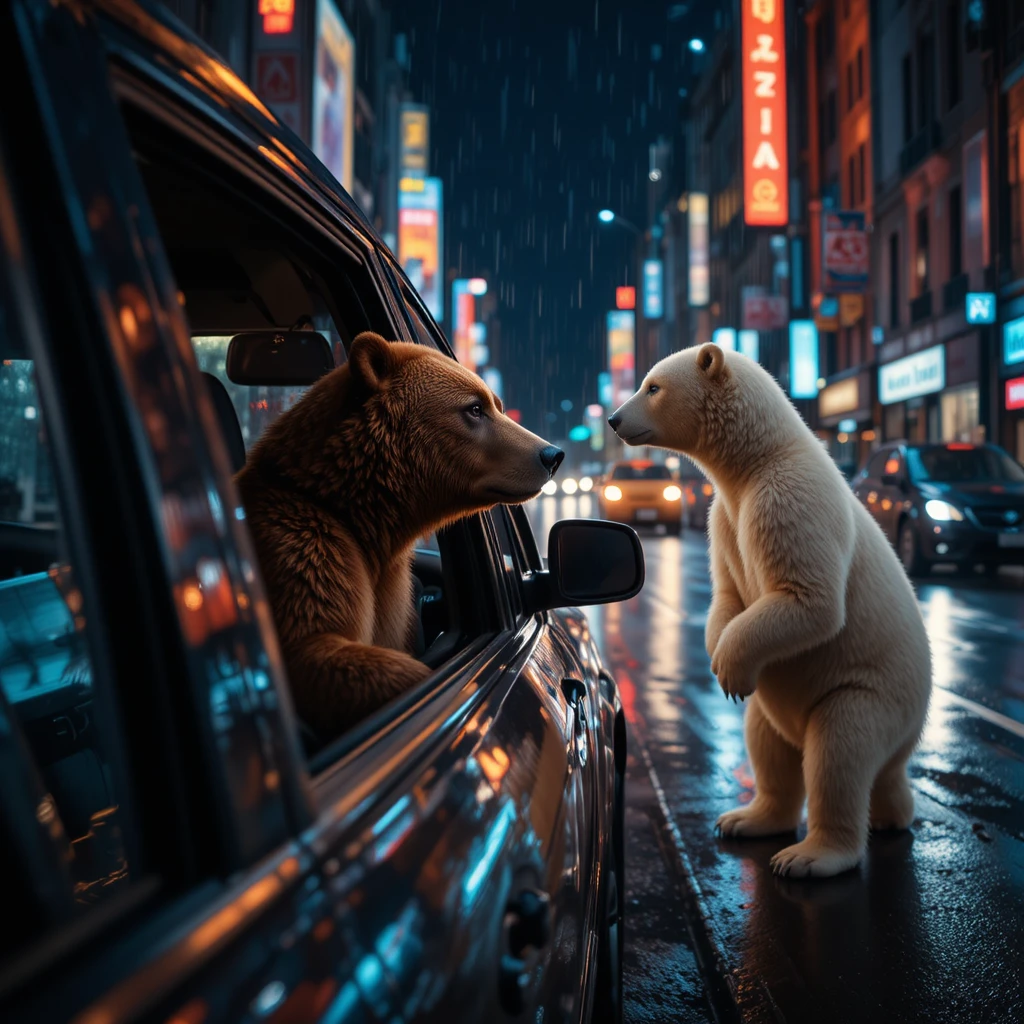 Brown bear riding in taxi at night city street