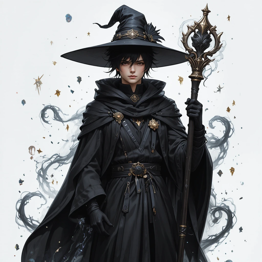 Young dark mage casting spells in a magical aura