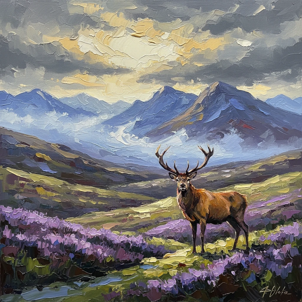 Cervo majestoso ao nascer do sol nas Highlands escocesas em pintura a óleo