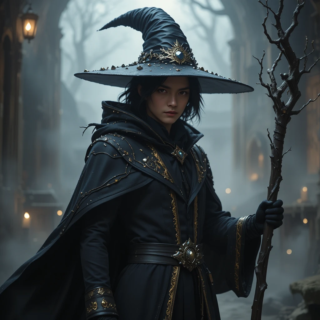 Confident young mage with staff in mystical warm glow