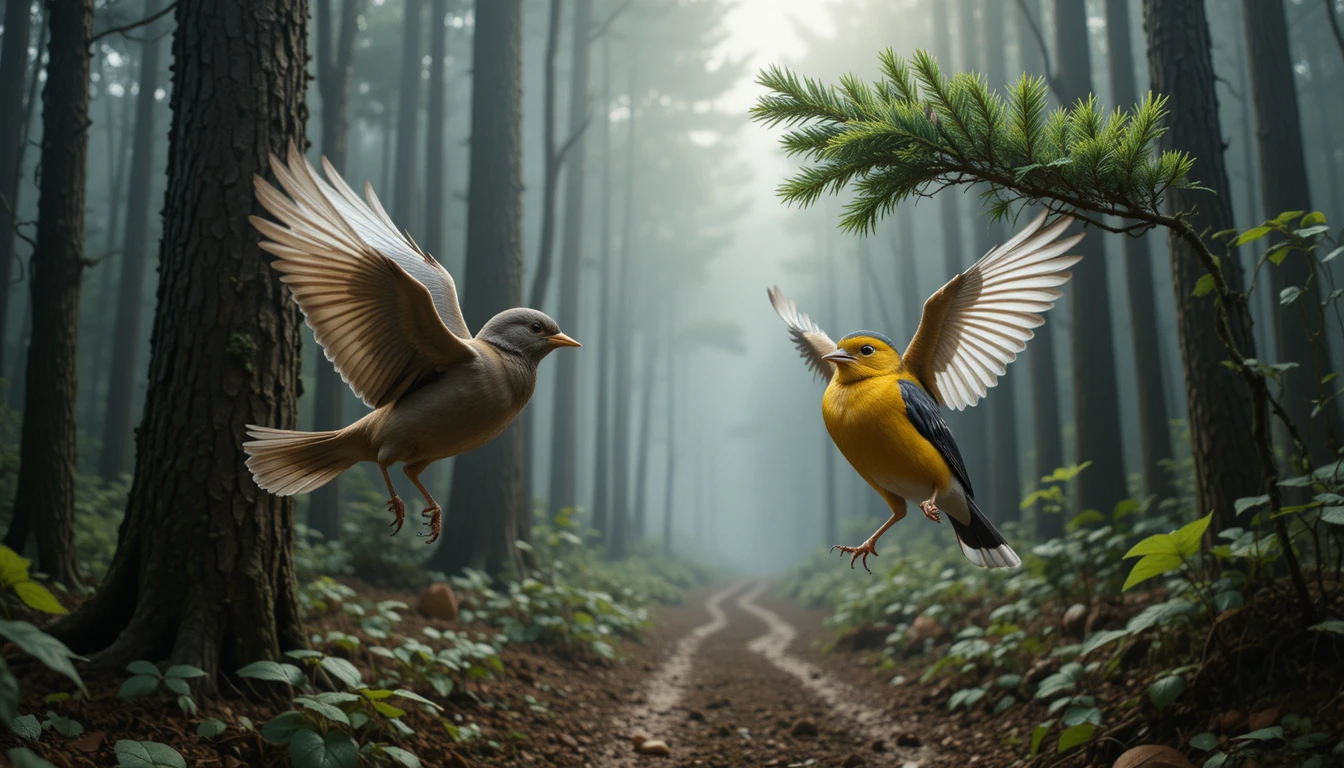 Dois pássaros em voo por uma floresta enevoada