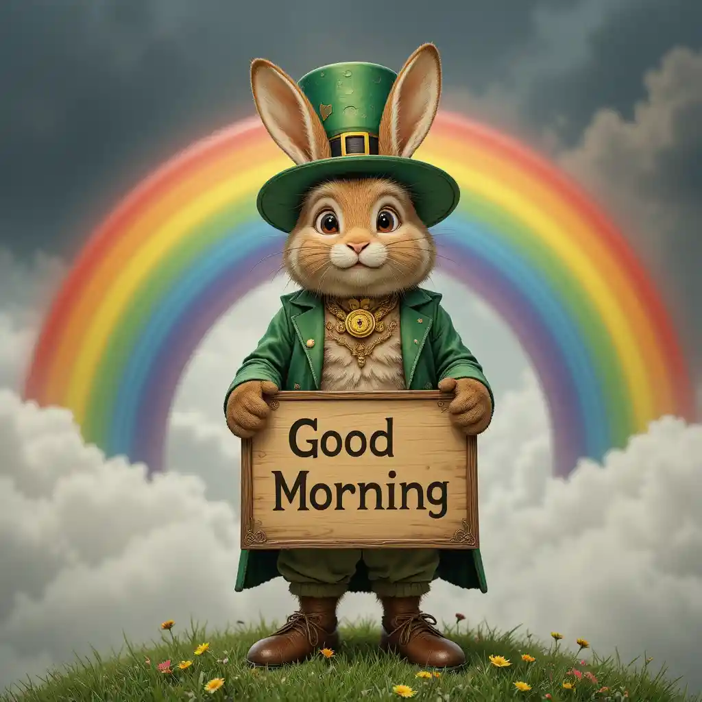 Coelho da Páscoa em traje de leprechaun no fim do arco-íris