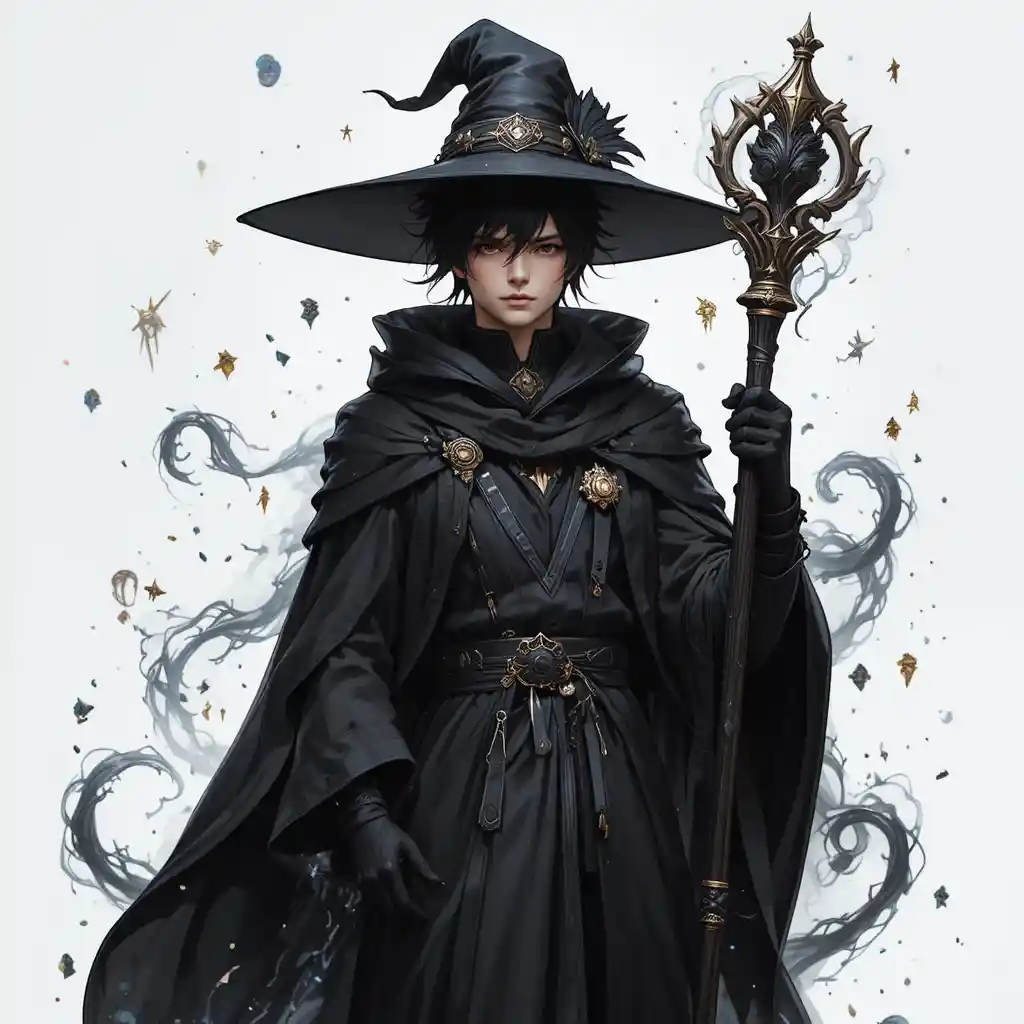 Young dark mage casting spells in a magical aura