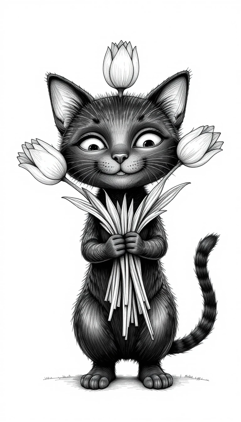 Chat noir souriant en dessin animé tenant un bouquet de tulipes