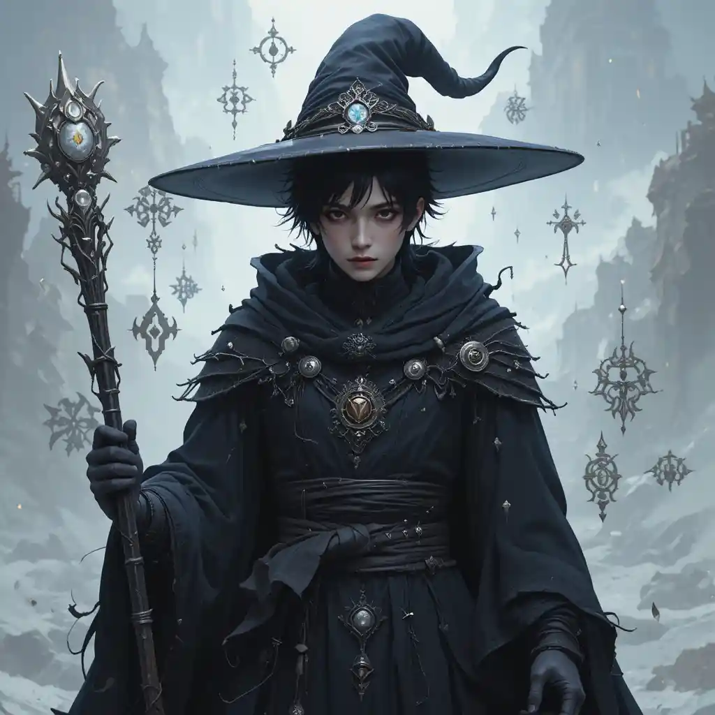 Young dark mage holding a staff amid glowing magic symbols