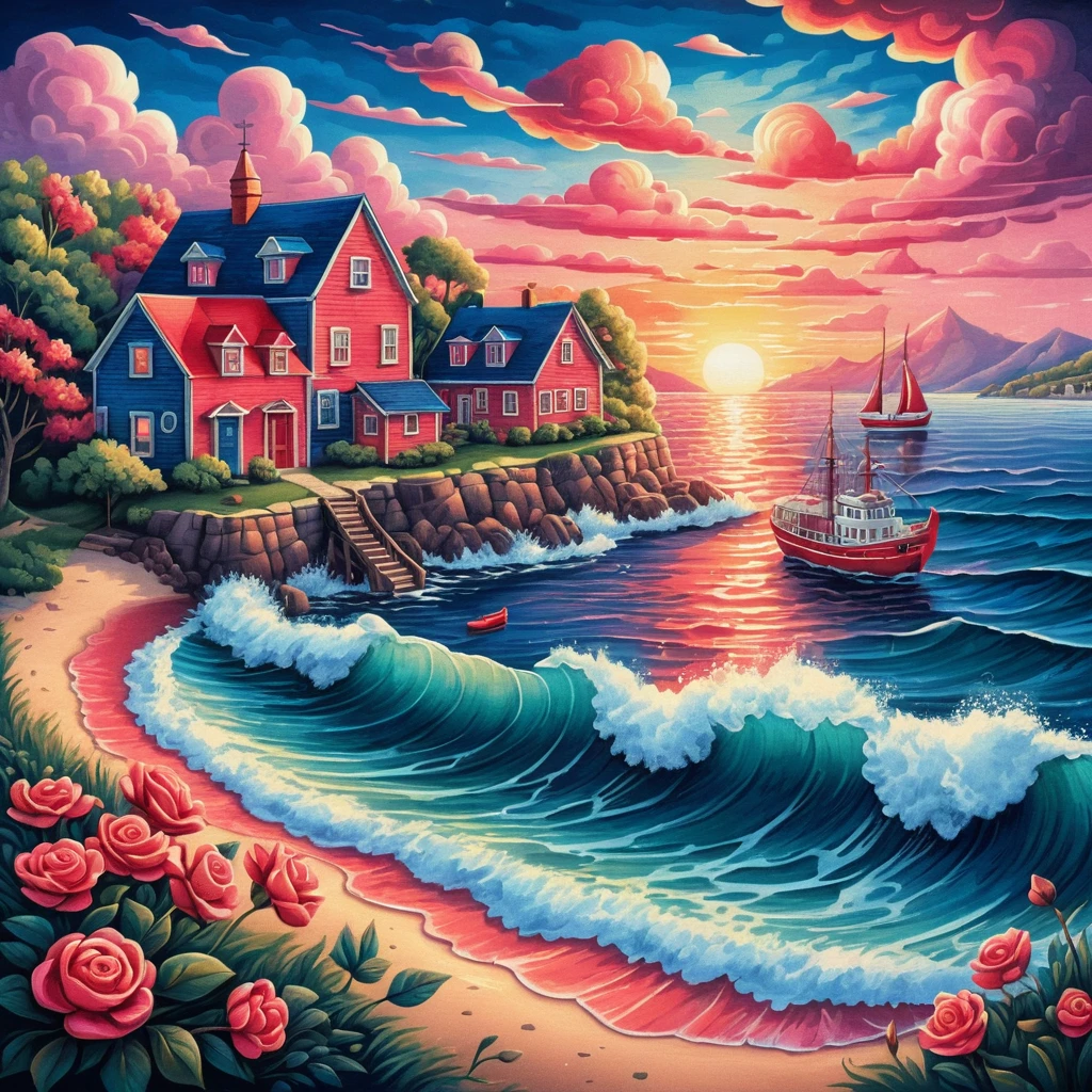 Ville côtière colorée au lever du soleil avec petit bateau rouge