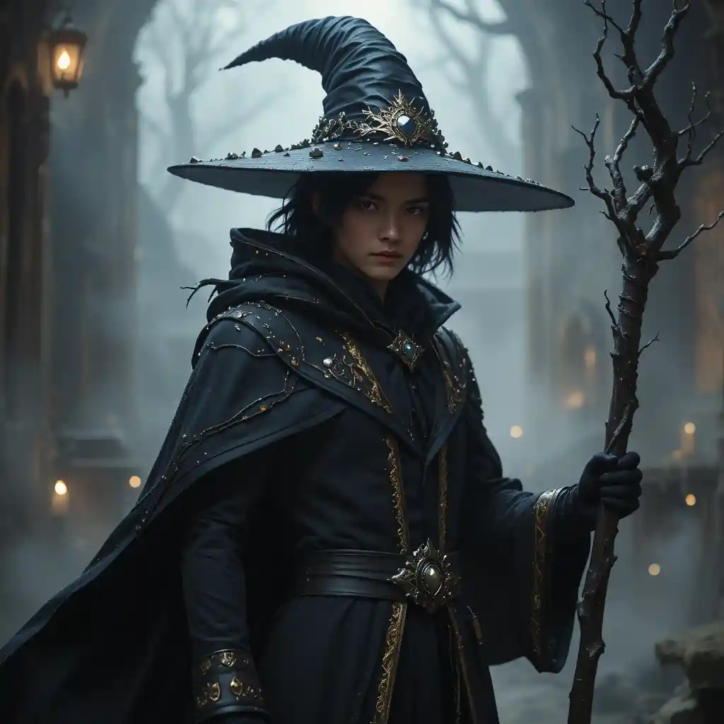Confident young mage with staff in mystical warm glow