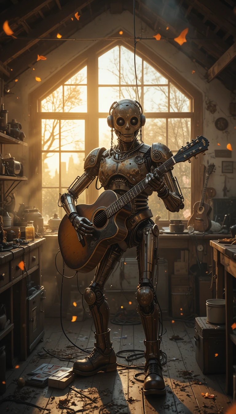 Steampunk robot polishing a vintage acoustic guitar in attic workshop