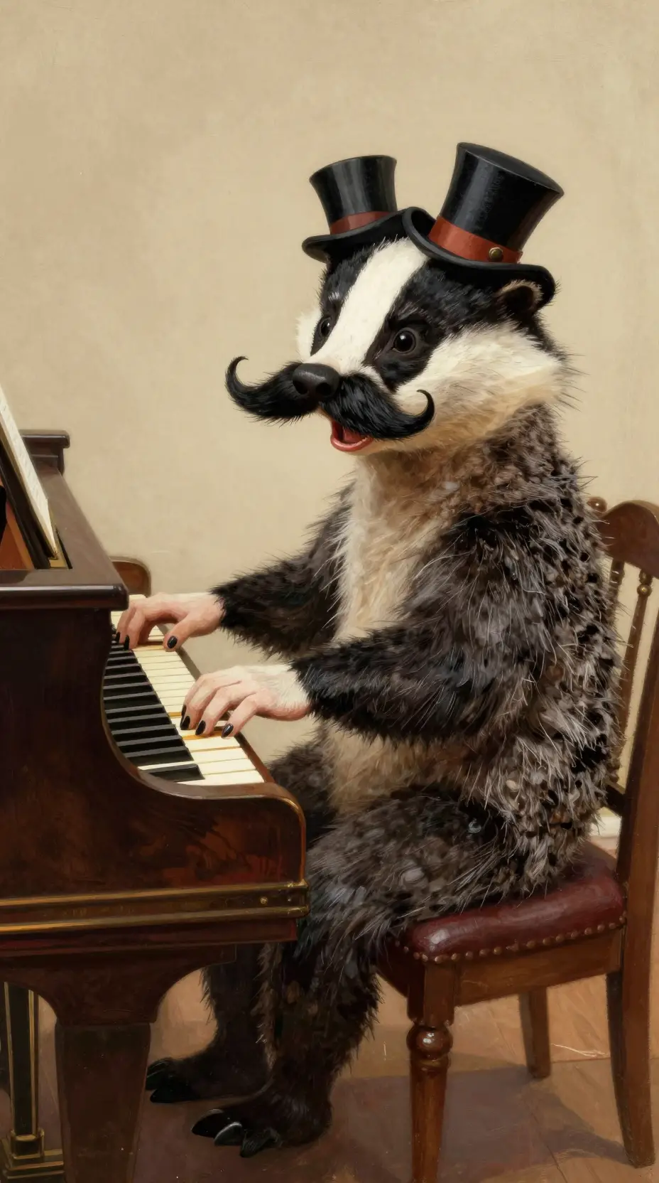 口ひげの遊び心あふれるアナグマが豪華なグランドピアノを弾く