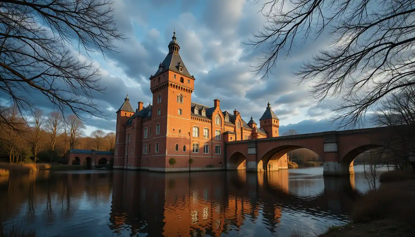 Majestätische Backsteinburg, die sich in einem ruhigen Wassergraben spiegelt