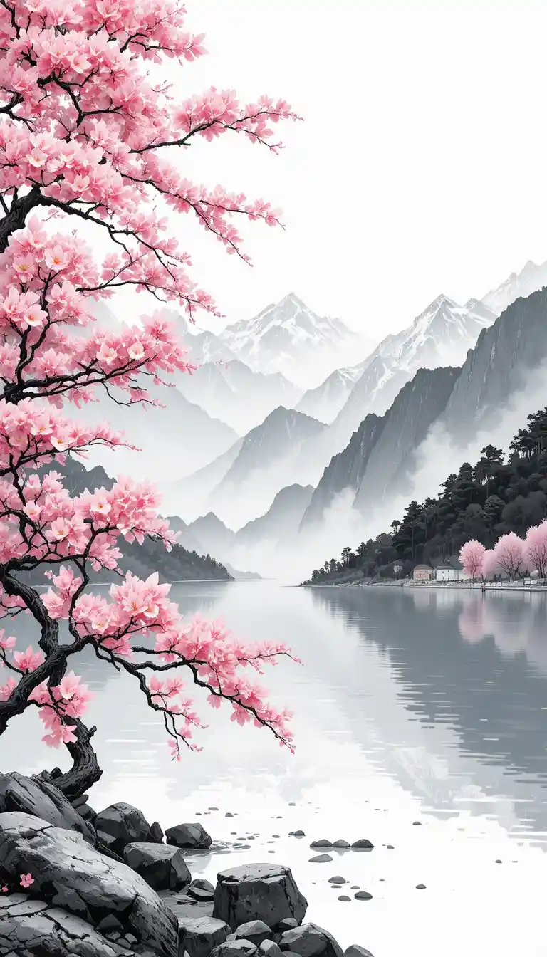 Cherry blossoms by a quiet lake with distant mountains