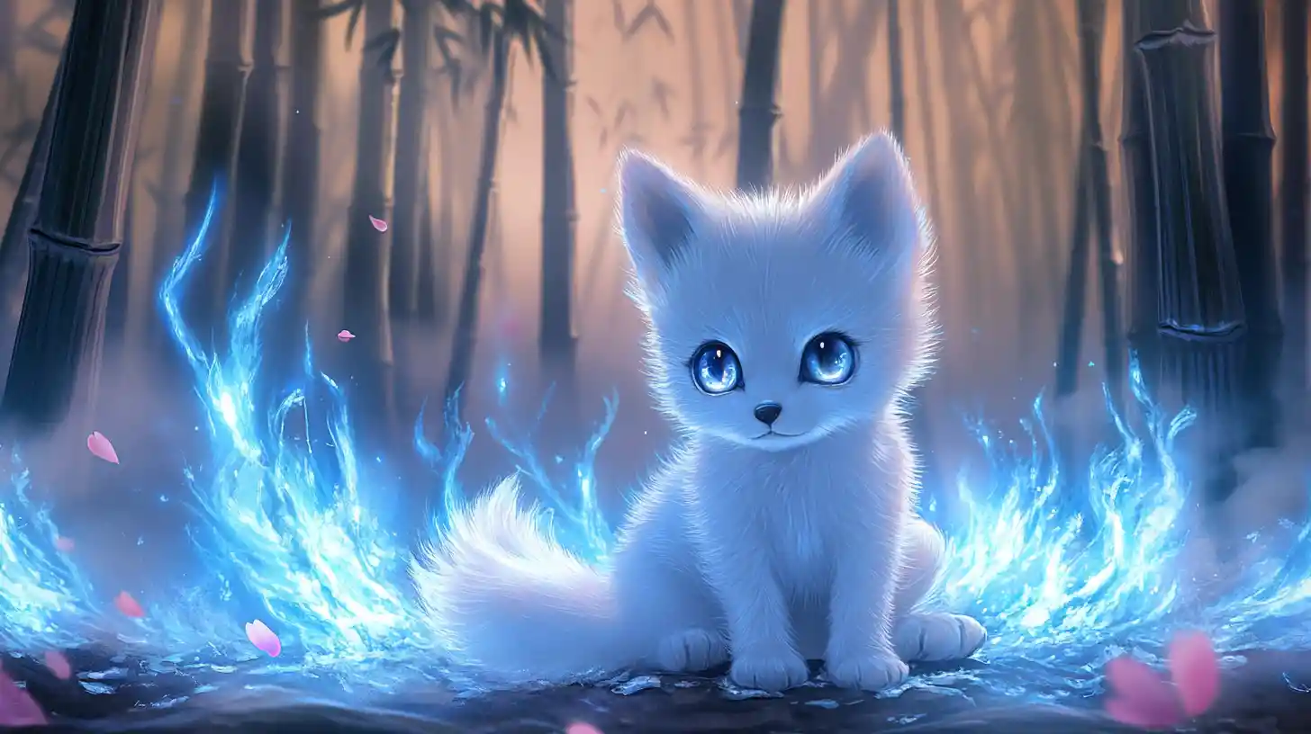 Jeune renardeau kitsune argenté dans le bambou lumineux au crépuscule