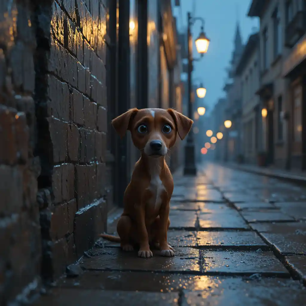 柔らかな街灯に照らされ雨の中にたたずむ孤独な野良犬