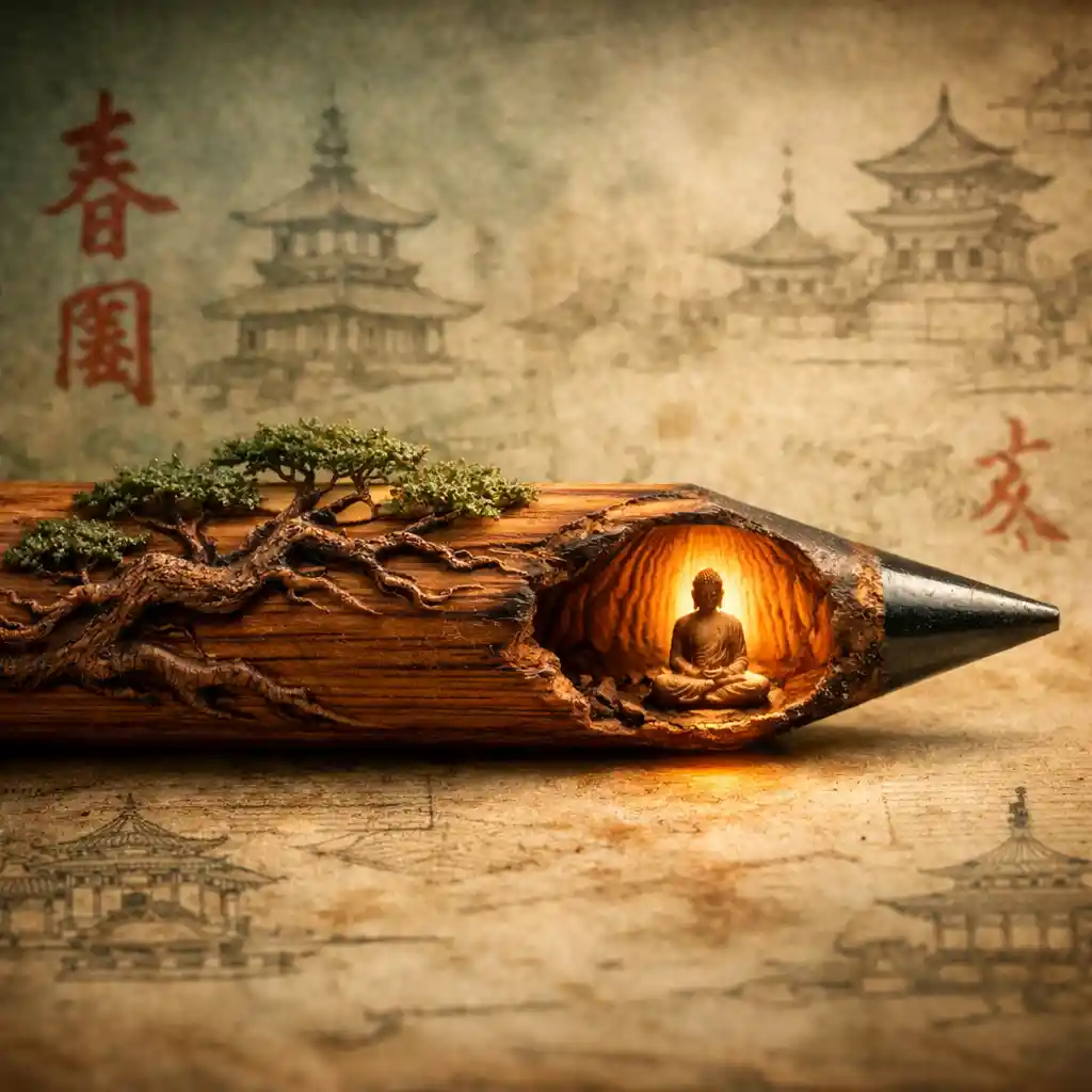 筆尖雕刻發光佛像的寫實鉛筆