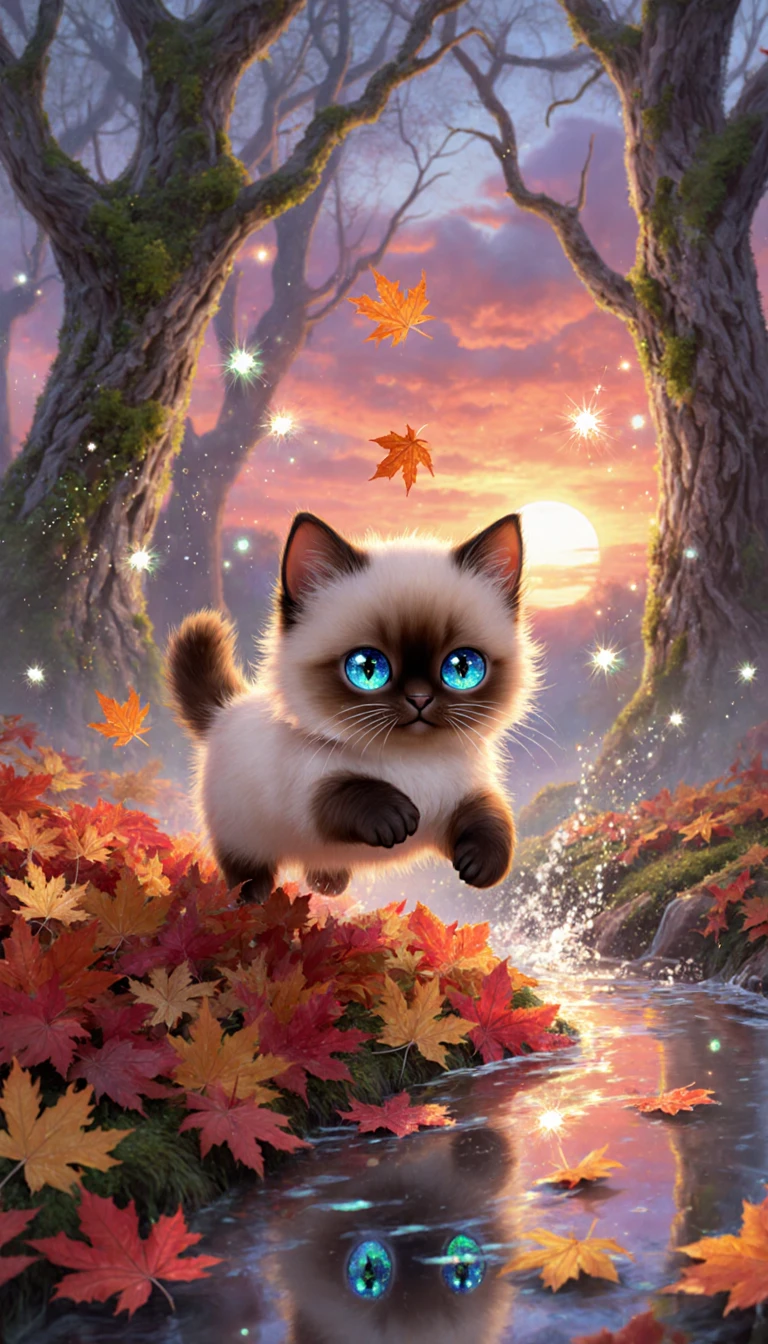 Chaton siamois chibi jouant dans des feuilles d’automne magiques
