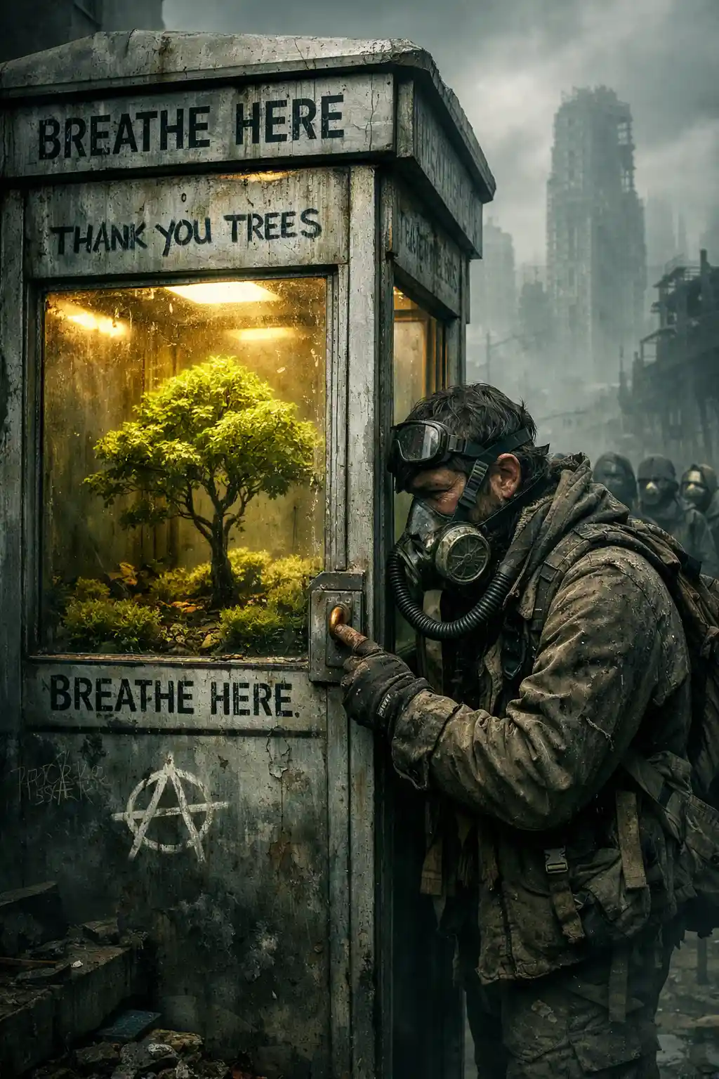 Man Using Breathing Booth In Ruined Smog Filled City
