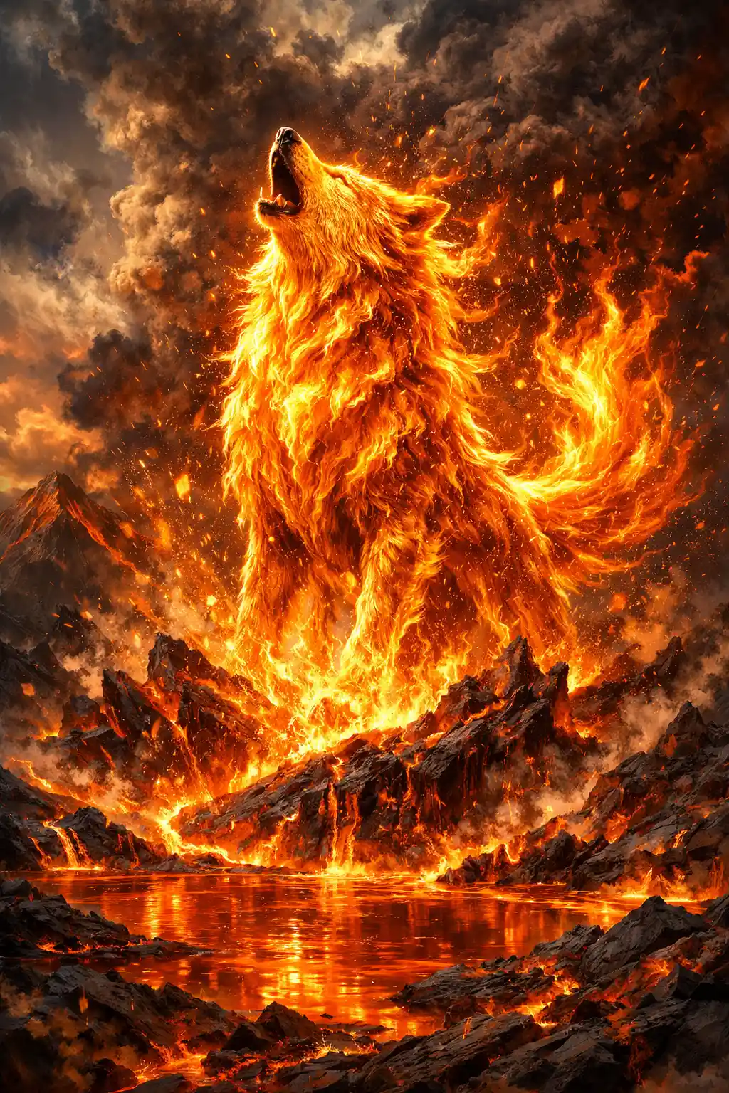 Loup de feu aux flammes vivantes surgissant d’un volcan en éruption