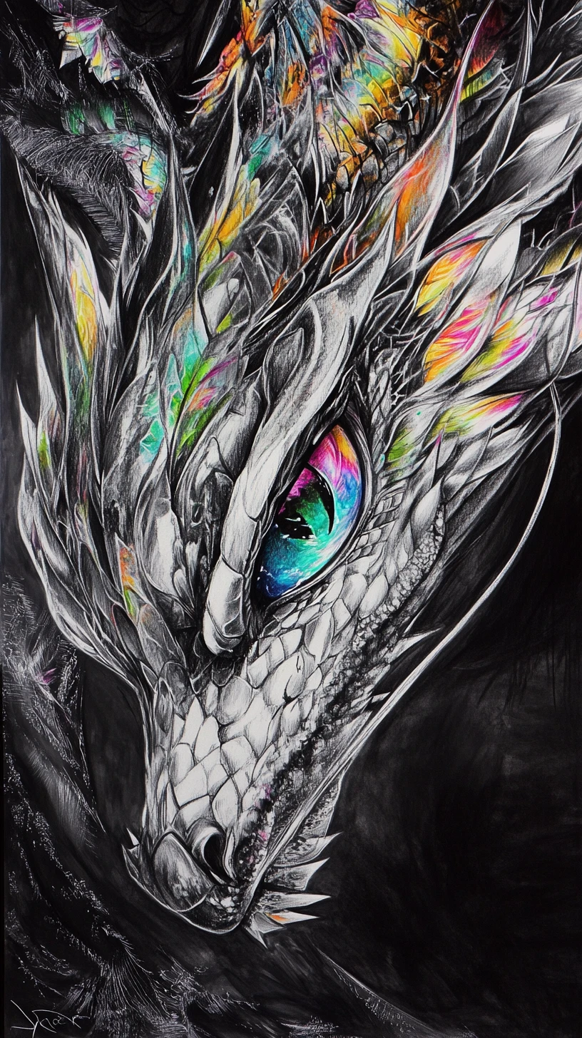 Portrait surréaliste de dragon au fusain avec des écailles iridescentes lumineuses