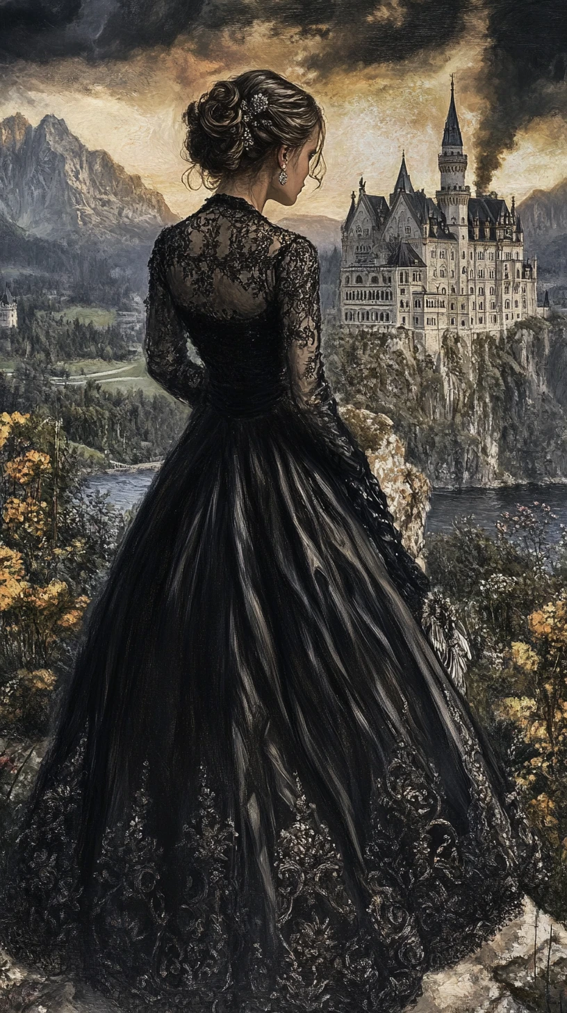 Retrato de mulher gótica feliz diante de Neuschwanstein ao anoitecer