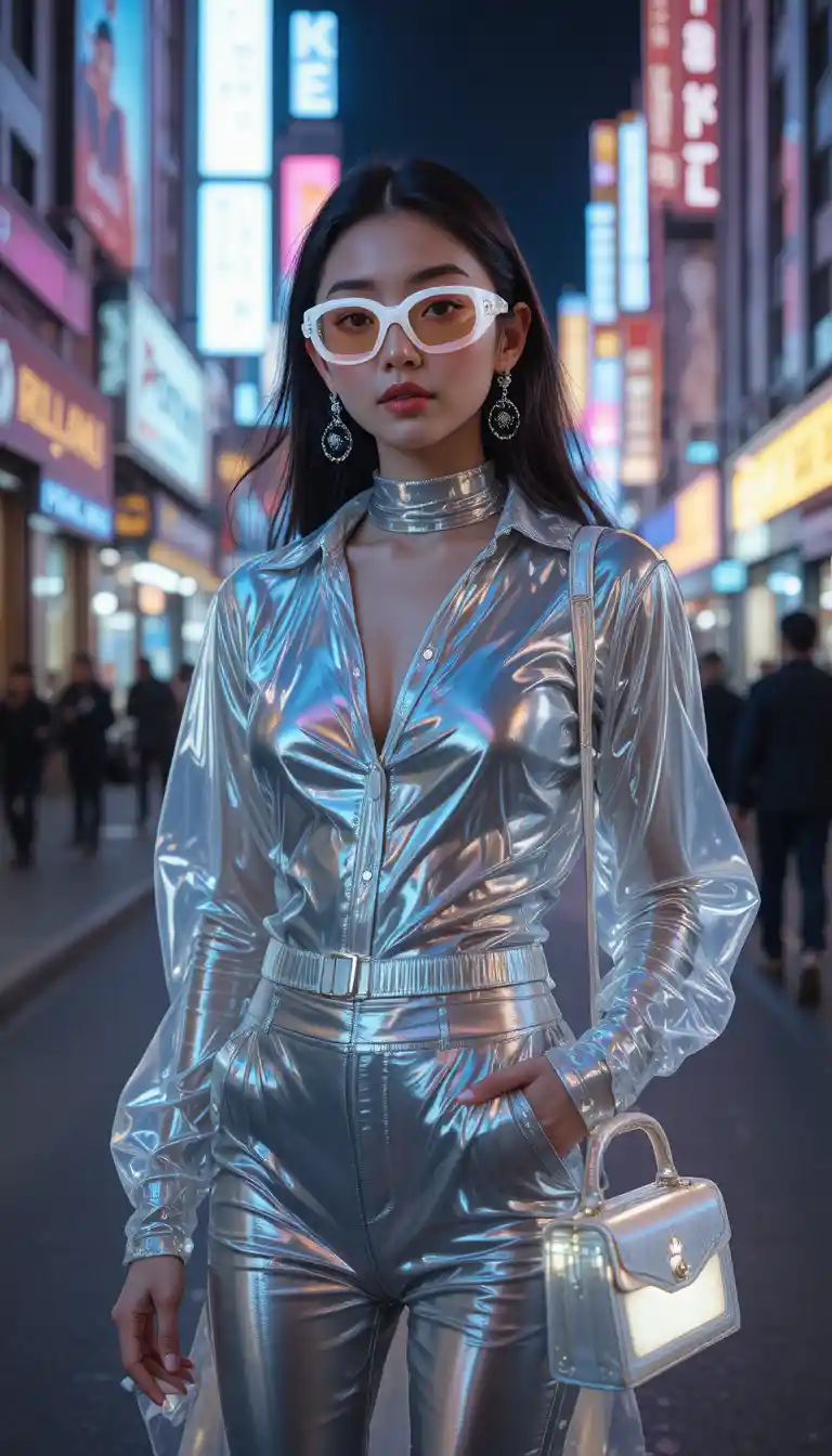 Y2K-Fashion-Frau in einer neonbeleuchteten Stadtstraße bei Nacht