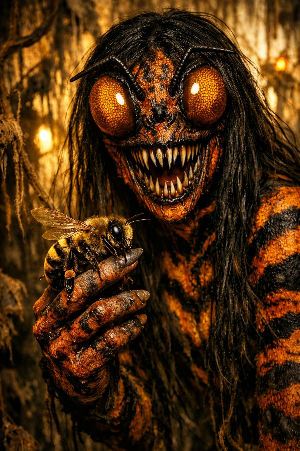 Criatura inseto humanoide aterrorizante com características de abelha brilhante