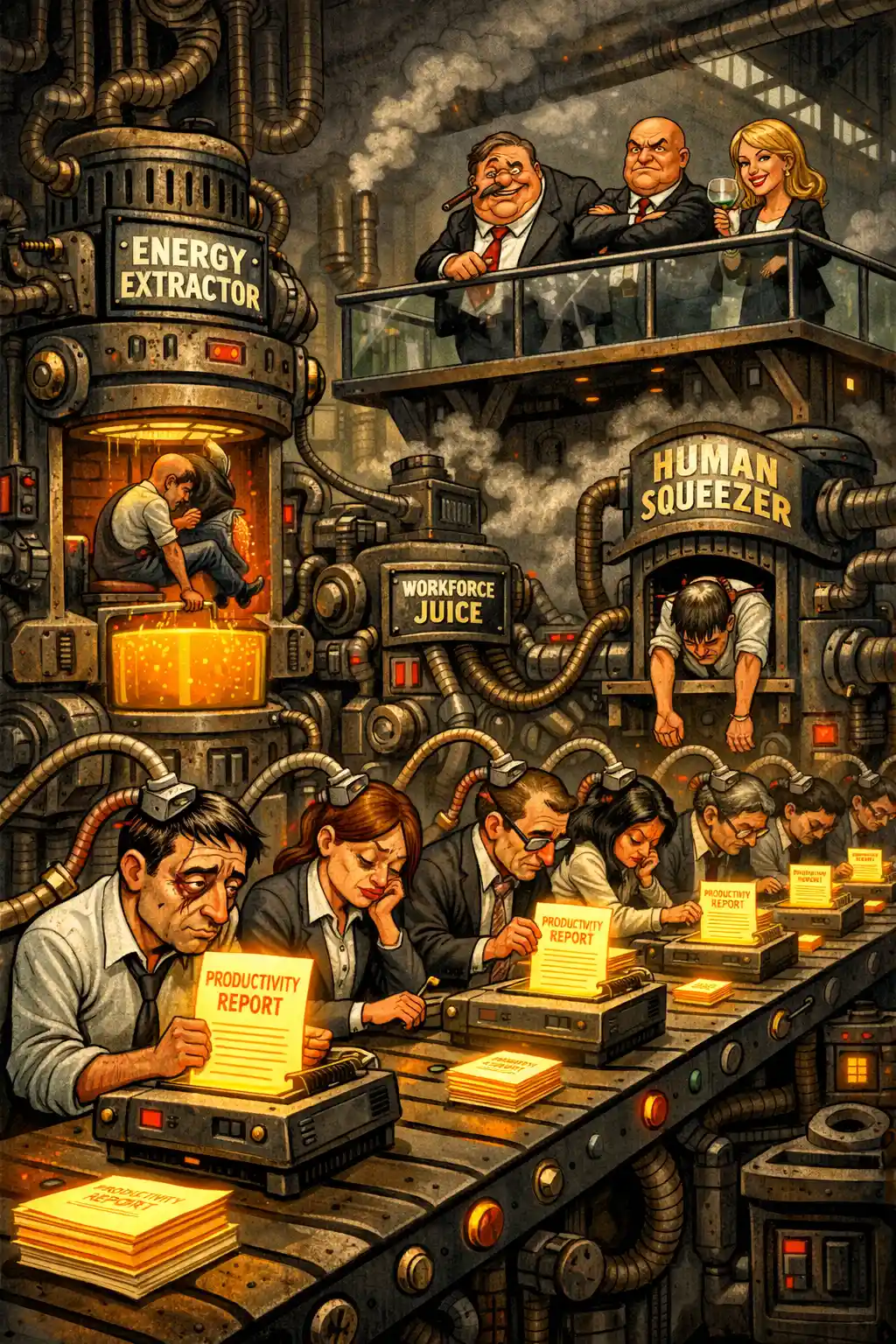 Exhausted Office Workers On A Factory Assembly Line