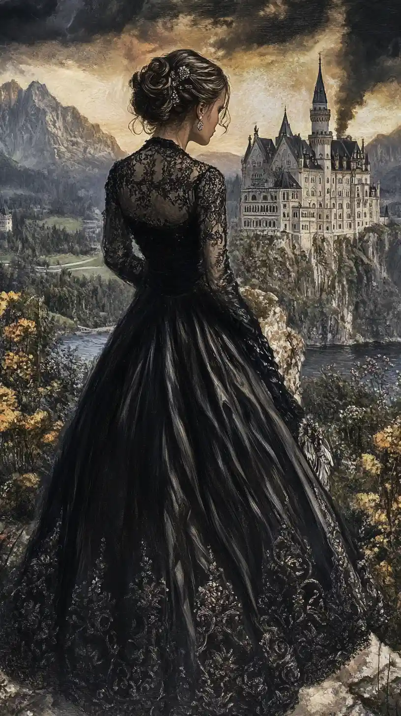 Retrato de mulher gótica feliz diante de Neuschwanstein ao anoitecer