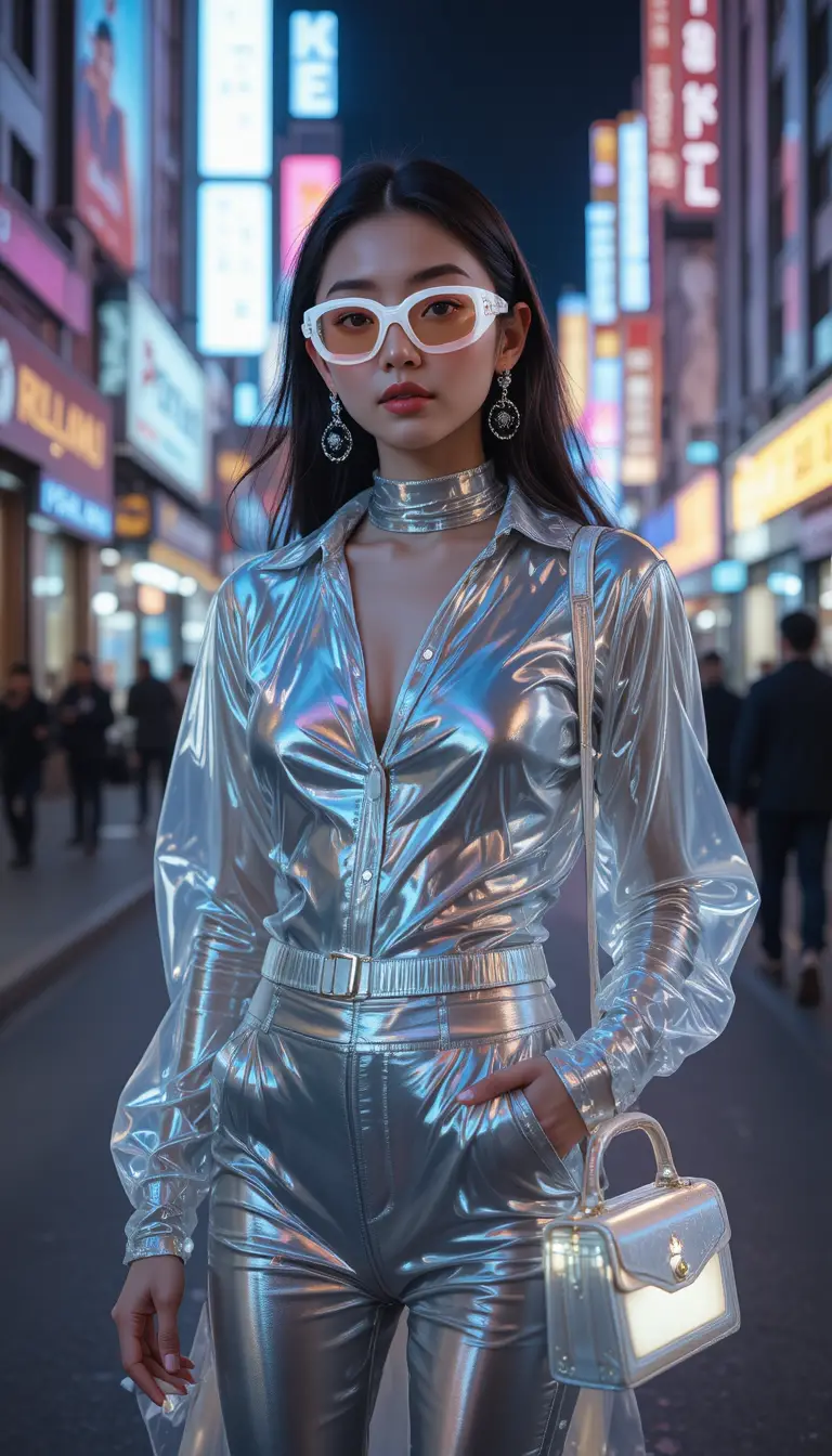 Y2K-Fashion-Frau in einer neonbeleuchteten Stadtstraße bei Nacht