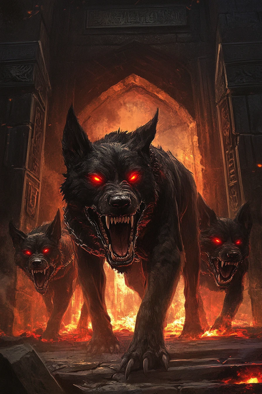 Cão infernal de três cabeças guardando os portões sombrios do submundo