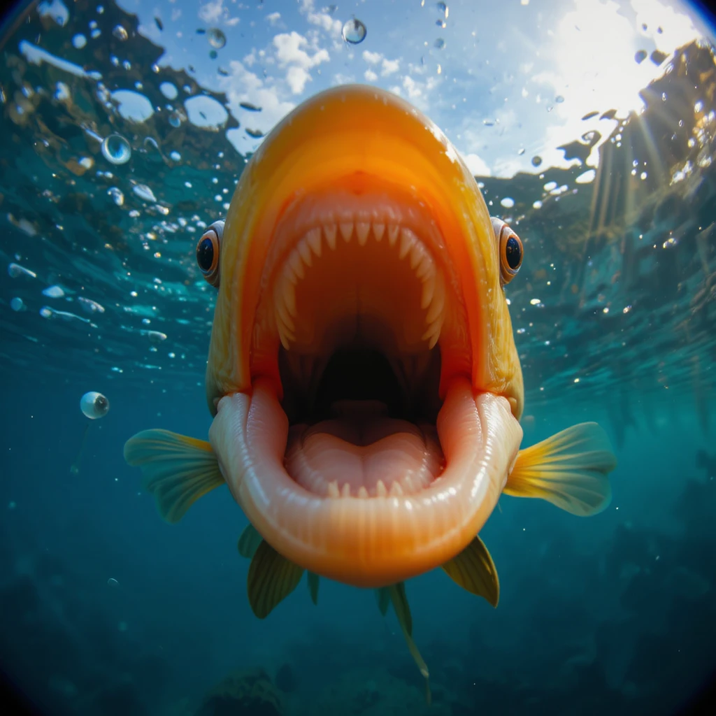 Fisheye view from a fish facing an approaching kingfisher