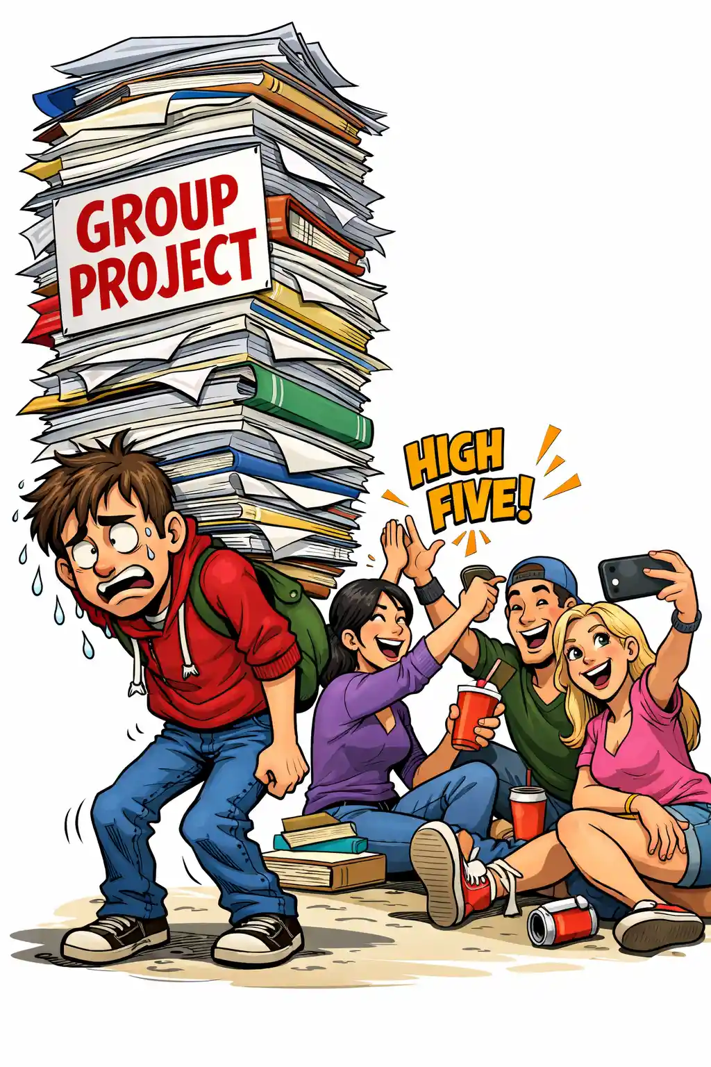 Studente sovraccarico che si fa carico del progetto di gruppo accanto a compagni spensierati