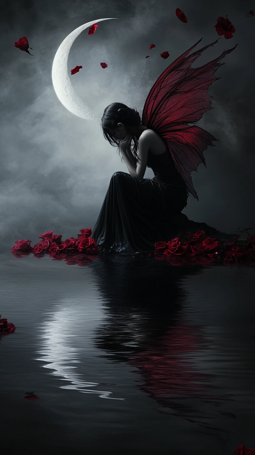 Fee bei Mondsichel, gespiegelt im dunklen, kräuselnden Wasser