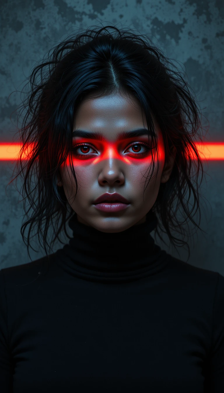 Intense portrait of an Indian woman in red neon light