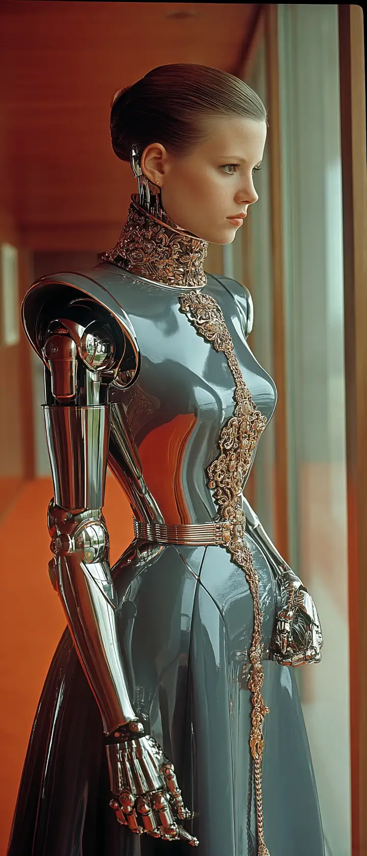 Chrome android in baroque rococo dress within surreal cosmos