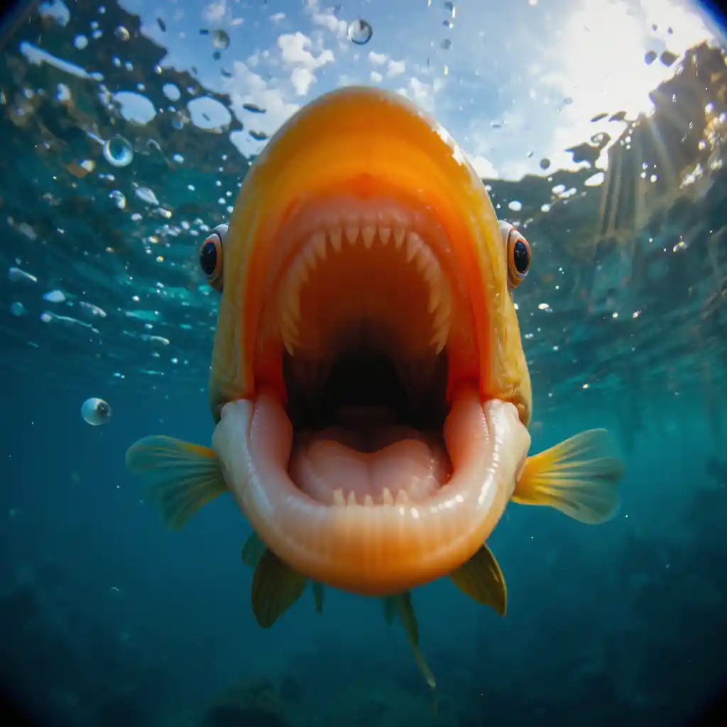 Fisheye view from a fish facing an approaching kingfisher