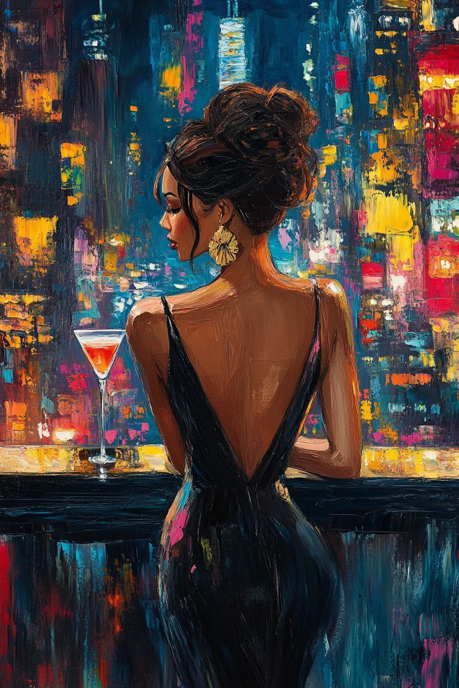 Mulher elegante de vestido preto decotado nas costas em bar da cidade
