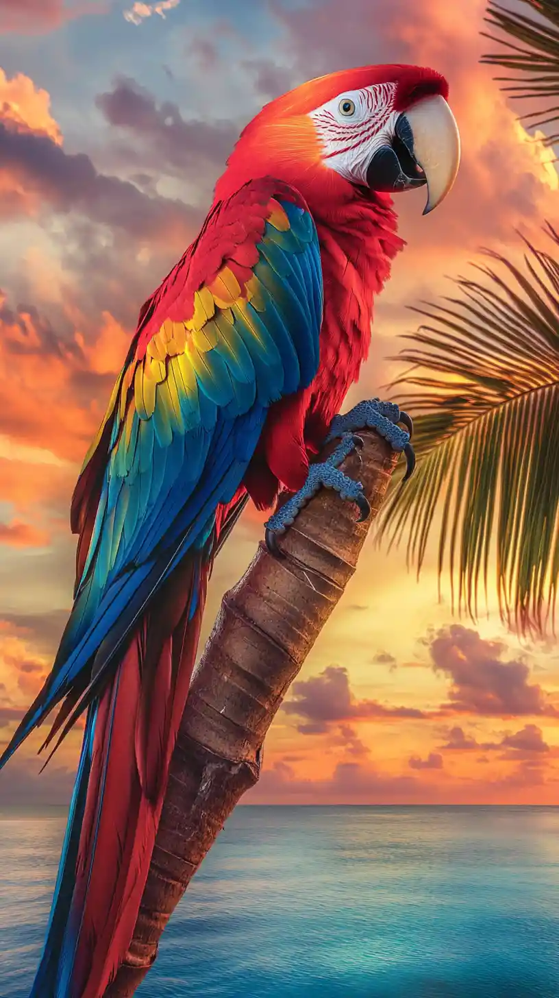 ターコイズブルーの海と夕焼けの上のヤシの枝にとまるベニコンゴウインコ
