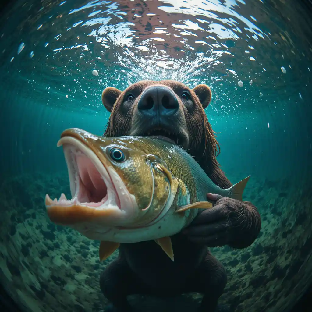 Bear lunging toward a fish in dramatic fisheye view
