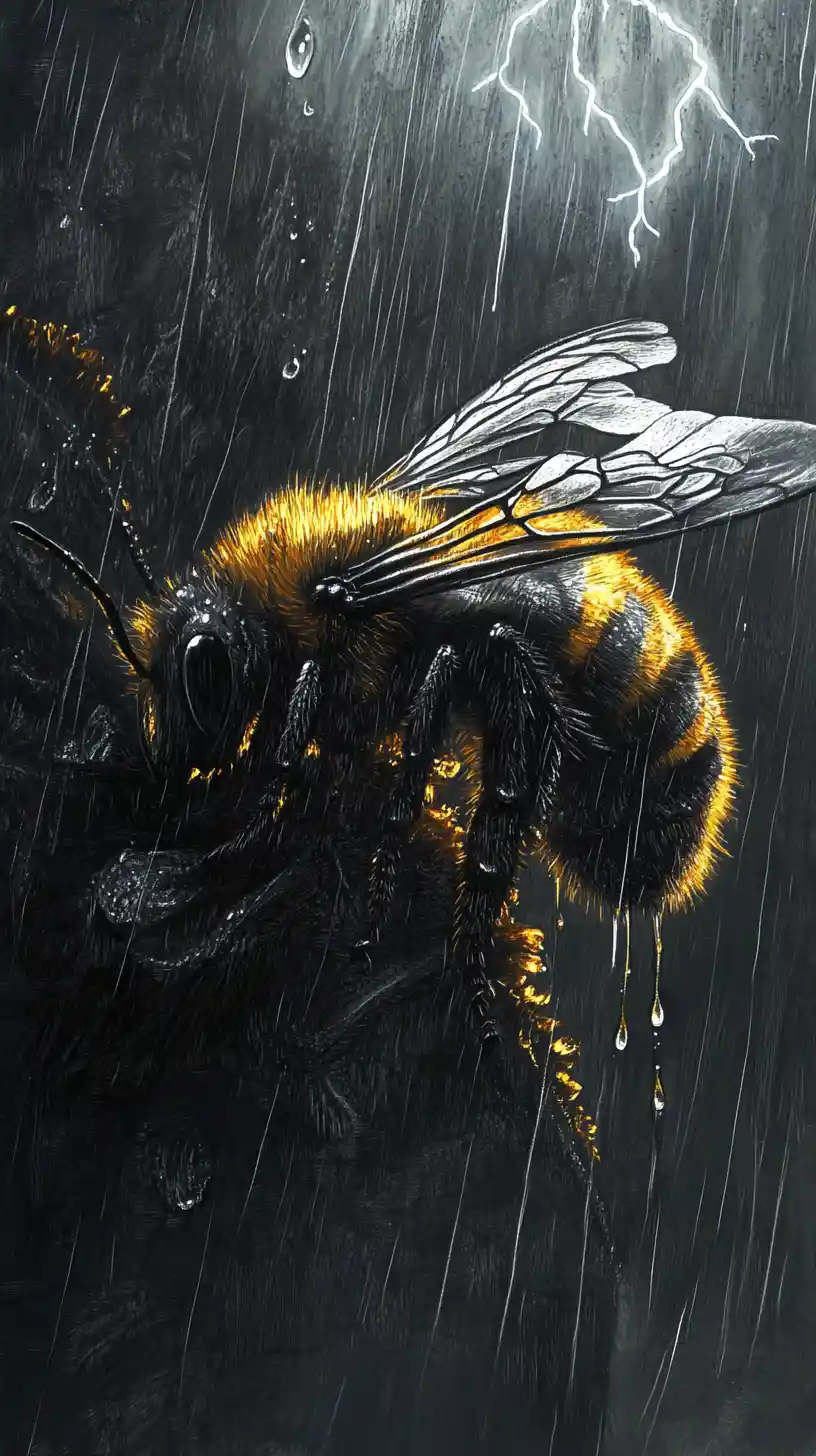 雨に濡れたひまわりの花びらに輝くシュールなマクロの蜂